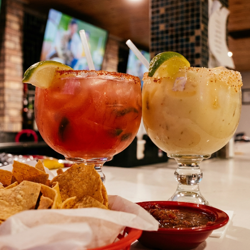 Two lime-garnished cocktails with chili-salt rims sit beside tortilla chips and salsa at a lively restaurant bar.