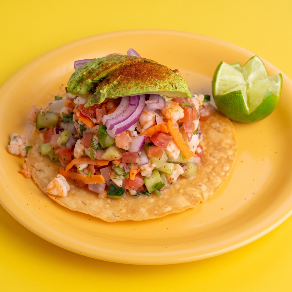 Shrimp tostada topped with avocado, diced tomatoes, cucumber, carrots, red onion, and cilantro, served with a lime wedge.