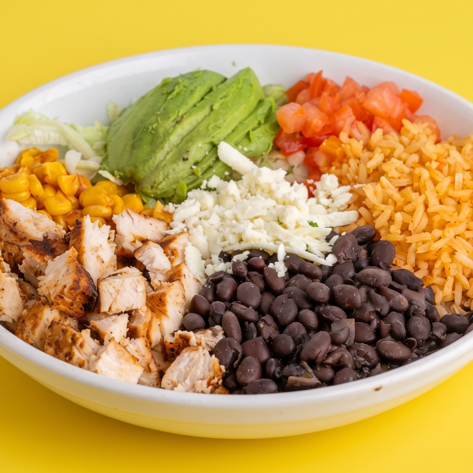 Burrito bowl with grilled chicken, black beans, rice, corn, avocado, tomatoes, lettuce, and cheese on a yellow background