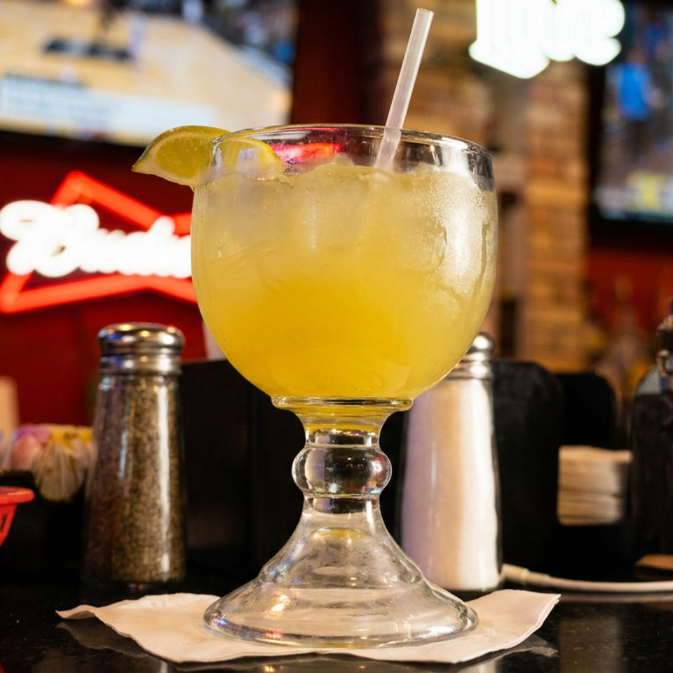 Yellow citrus drink with ice, straw, and lime wedge in a goblet on a restaurant bar.