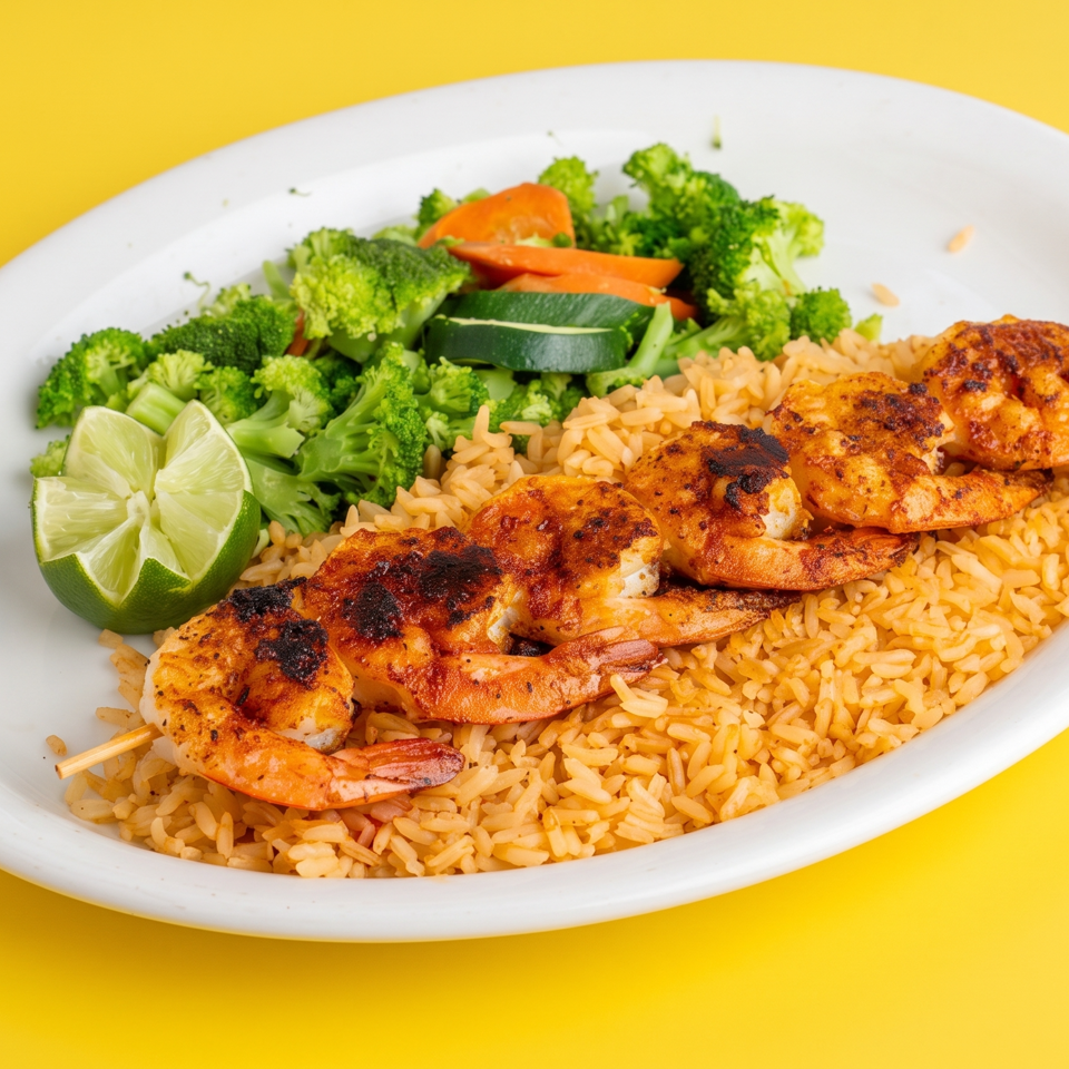 Grilled shrimp served over seasoned rice with steamed broccoli, carrots, zucchini, and lime wedges on a white plate.