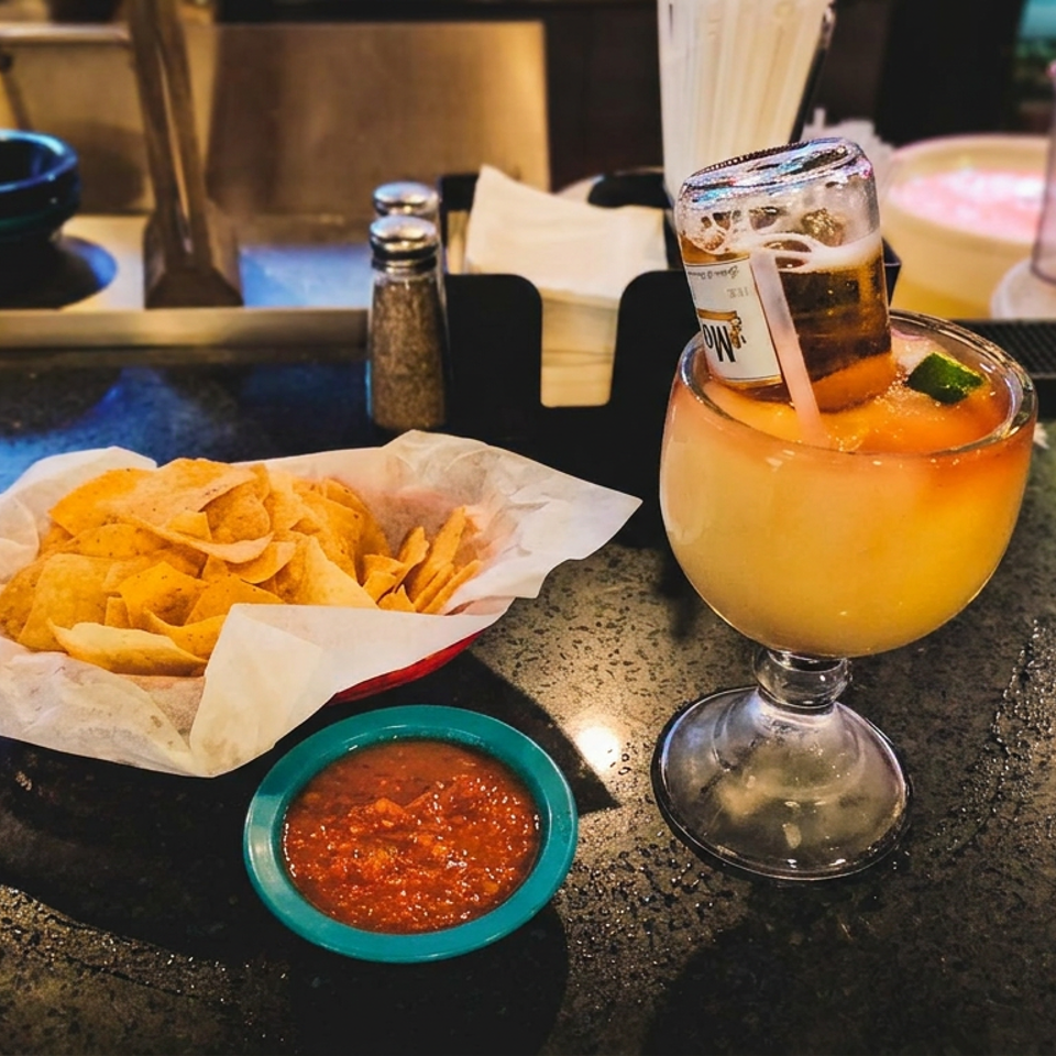 Basket of tortilla chips with salsa and a beer-topped citrus cocktail on a glossy restaurant bar.
