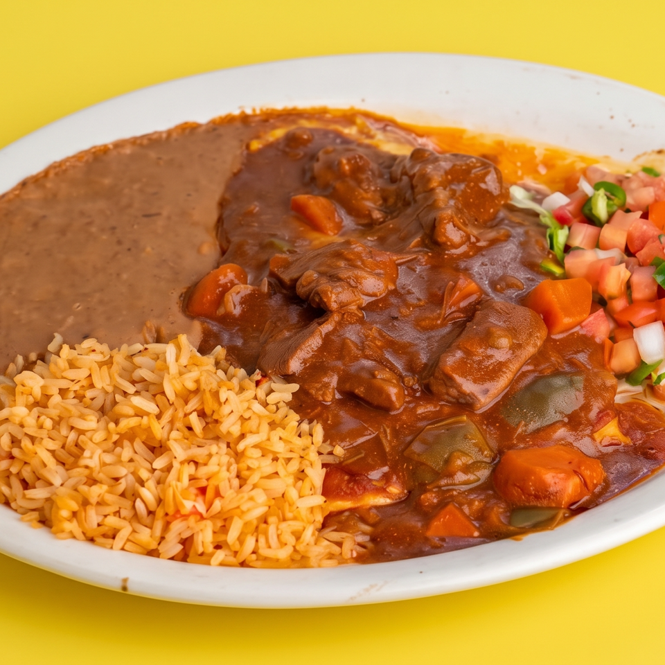Mexican plate featuring refried beans, Spanish rice, saucy beef stew, and fresh pico de gallo on a white plate.