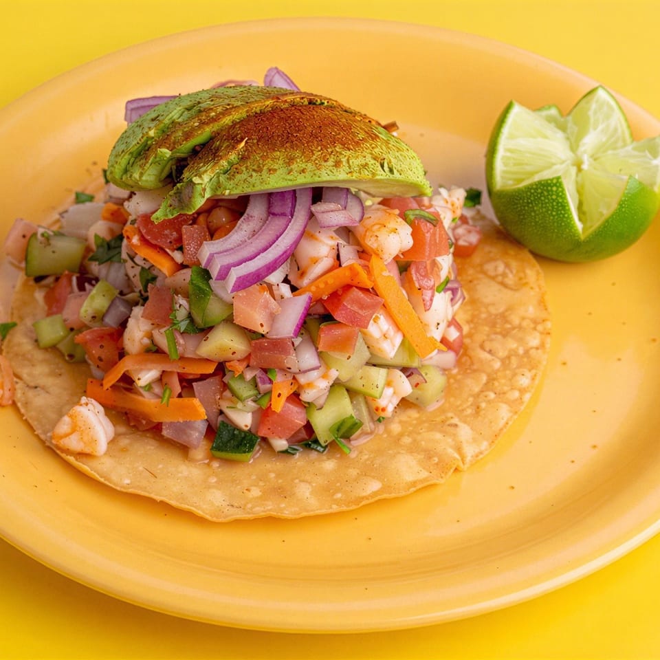 Shrimp ceviche tostada topped with avocado, red onion, tomatoes, cucumber, carrots, and cilantro, served with lime wedges.