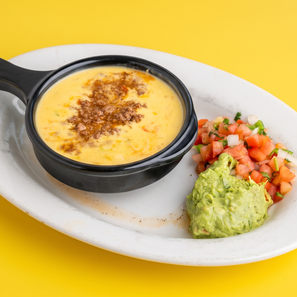 Creamy queso dip topped with seasoned beef, served with guacamole and fresh pico de gallo on a white plate.