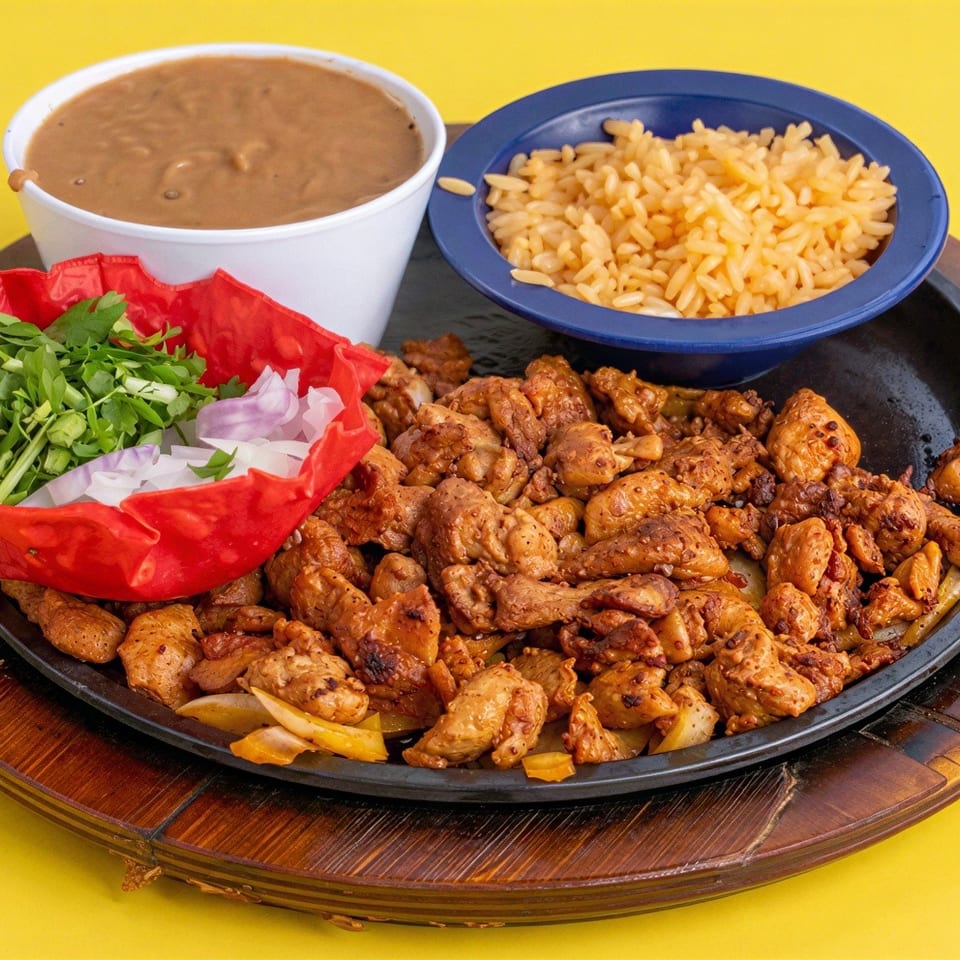 Grilled chicken pieces with rice, beans, fresh herbs, and sliced onions arranged on a platter against a bright yellow background.