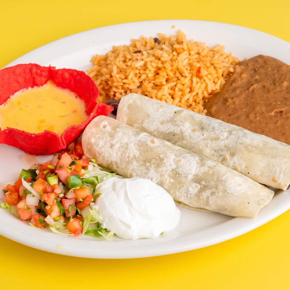 Plate of two burritos with Mexican rice, refried beans, pico de gallo, sour cream, and cheese sauce on a yellow background.
