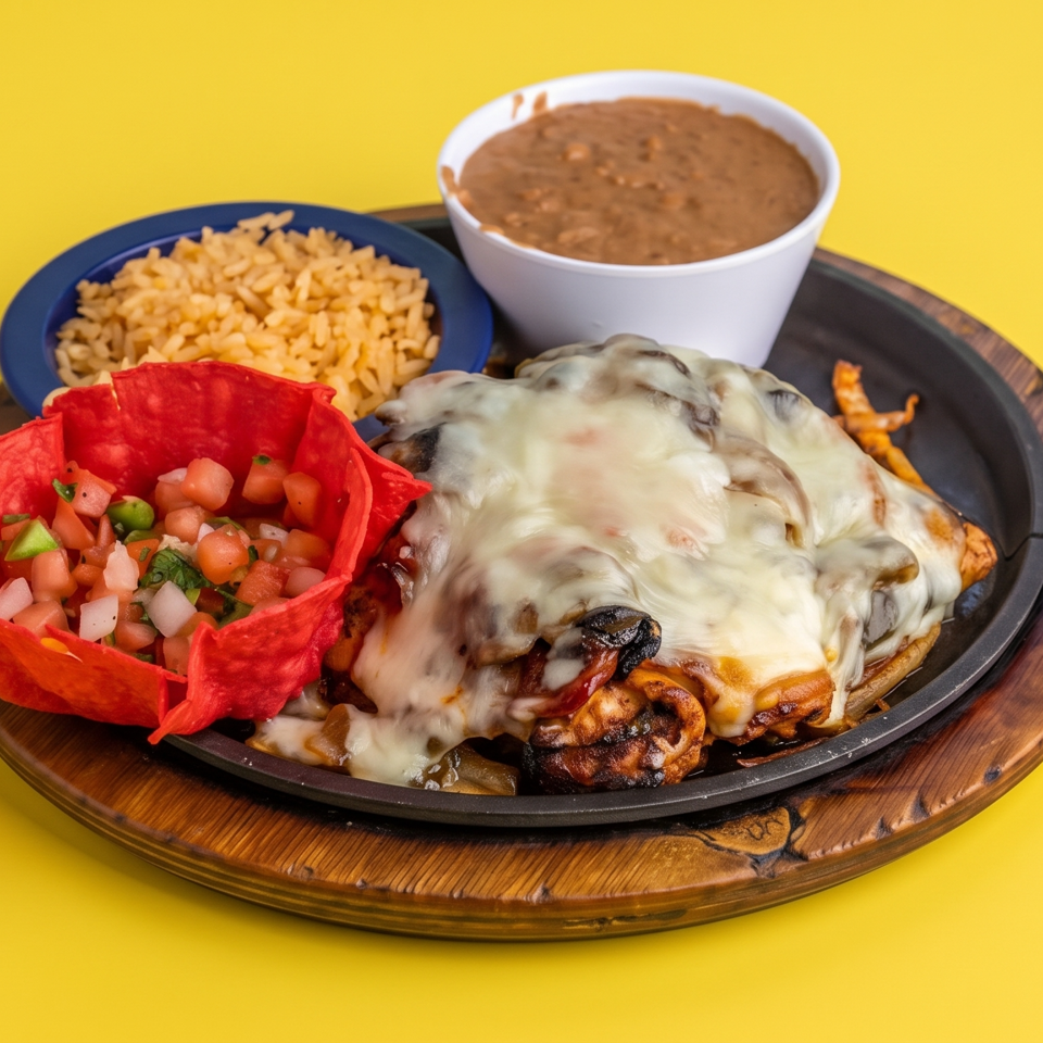 Cheesy grilled chicken fajitas served with Mexican rice, refried beans, and pico de gallo on a sizzling platter.