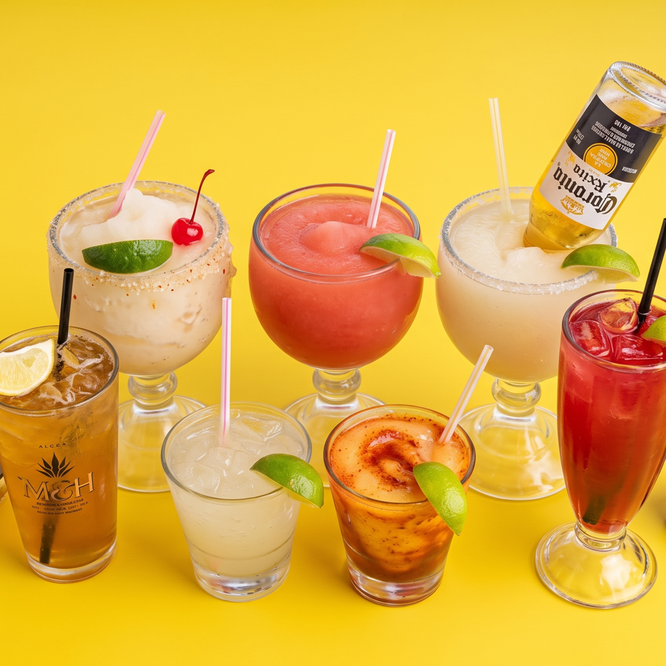 Assortment of Mexican beers and colorful cocktails garnished with limes, lemon, cherries, and salted rims against a bright yellow background.
