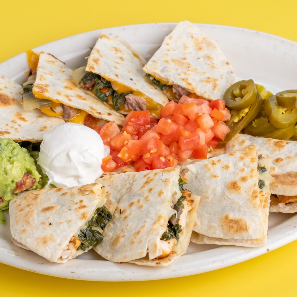 Plate of grilled quesadilla wedges with guacamole, sour cream, pico de gallo, and sliced jalapeños on a yellow background.