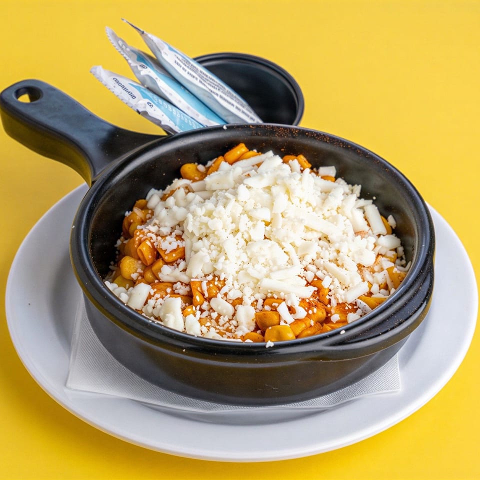 Baked pasta topped with melted cheese in a black skillet, served on a white plate with wrapped utensils against a yellow background.