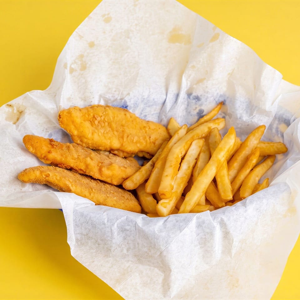 Crispy fried fish fillets and golden fries served on white paper over a bright yellow background.