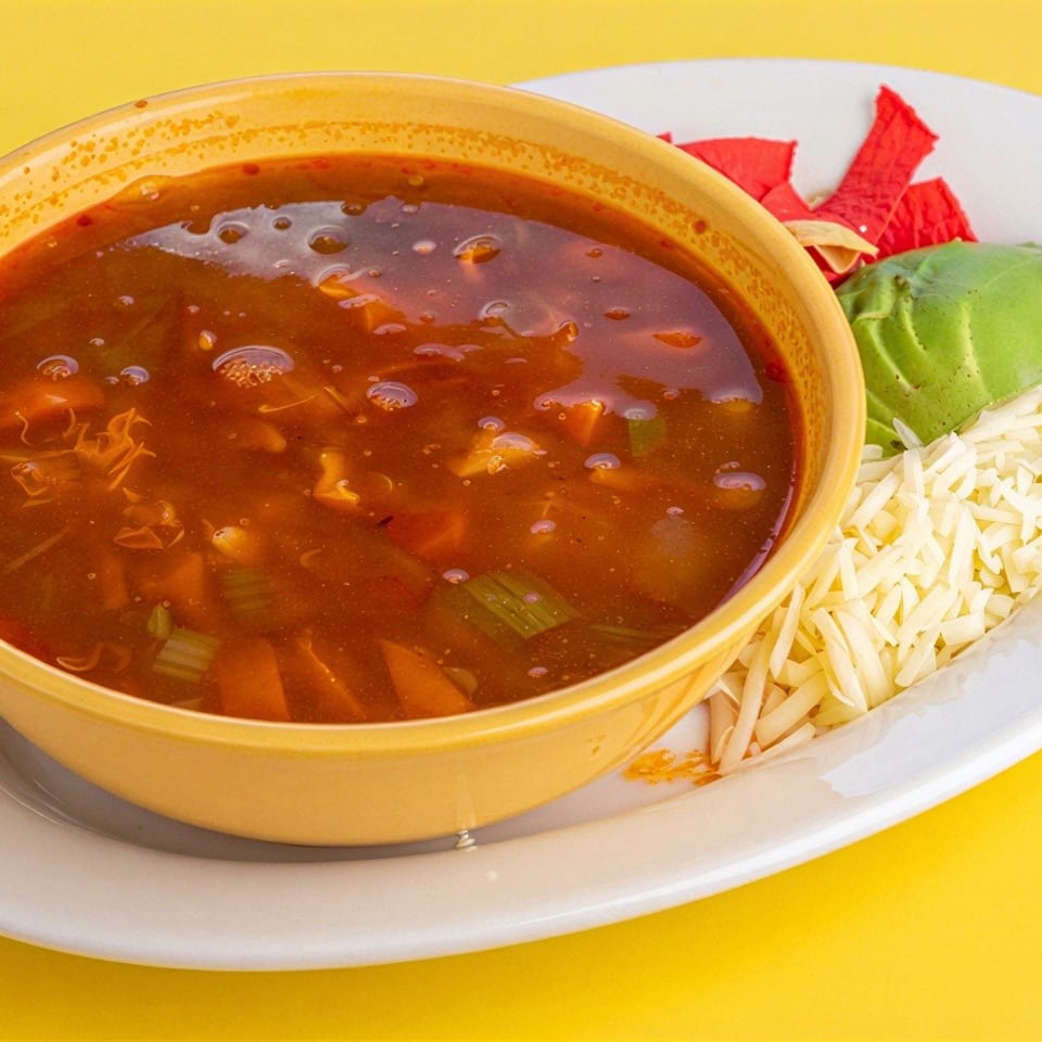 Bowl of reddish vegetable soup served with shredded cheese, avocado, and tortilla chips on a white plate.