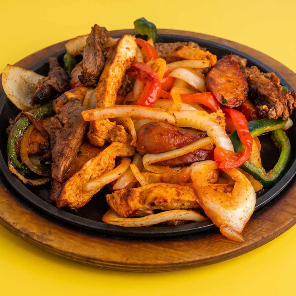 Loaded sizzling platter of grilled chicken, steak, sausage, potatoes, onions, and colorful peppers on a black plate.