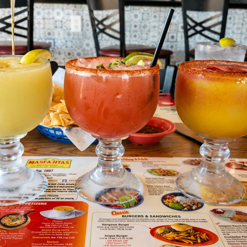 Three colorful lime-garnished cocktails with chili-salt rims sit on a Mexican restaurant table beside chips, salsa, and a menu.