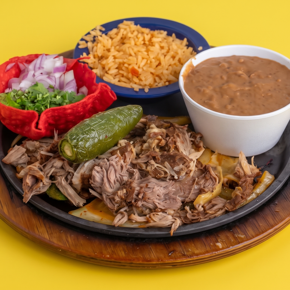 Mexican-style platter with shredded meat, rice, beans, onions, cilantro, and a whole green chile on a wooden serving board.