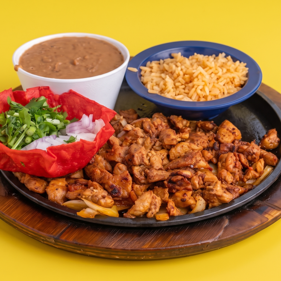 Sizzling plate of seasoned chicken with Mexican rice, refried beans, and a red tortilla bowl of chopped onions and cilantro.