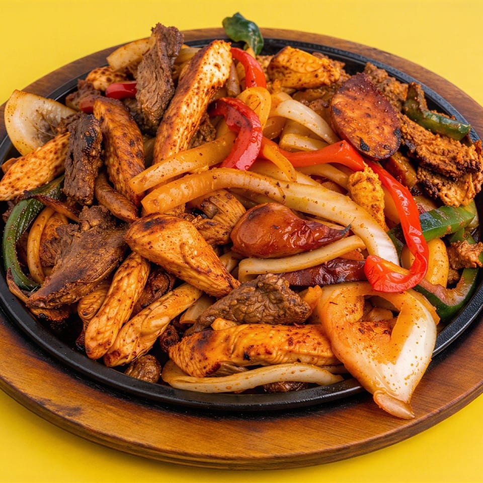 A platter of grilled chicken, steak, sausage, vegetables, and onions served on a black plate with a wooden rim.