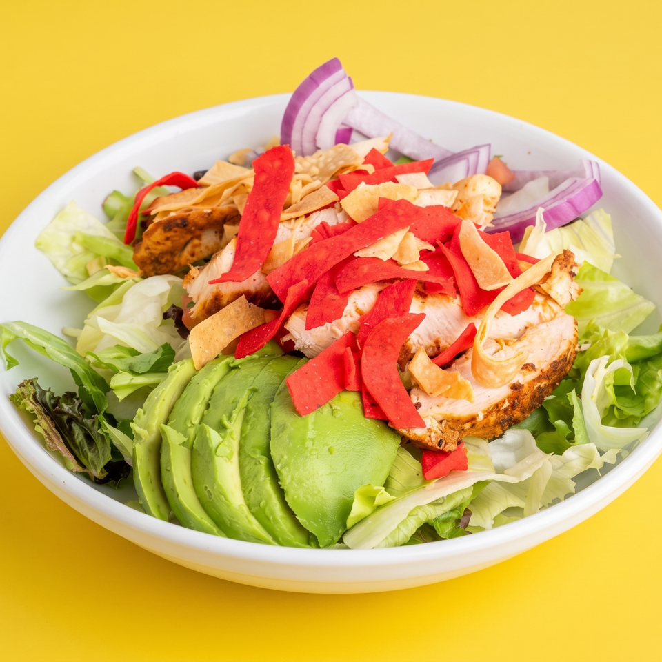 Grilled chicken salad with avocado, lettuce, red peppers, tortilla strips, and red onion in a white bowl on a yellow background.