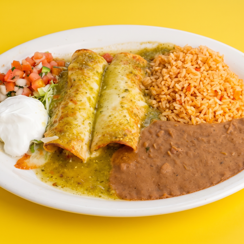 Mexican platter with two green enchiladas, rice, refried beans, pico de gallo, lettuce, and sour cream on a white plate.
