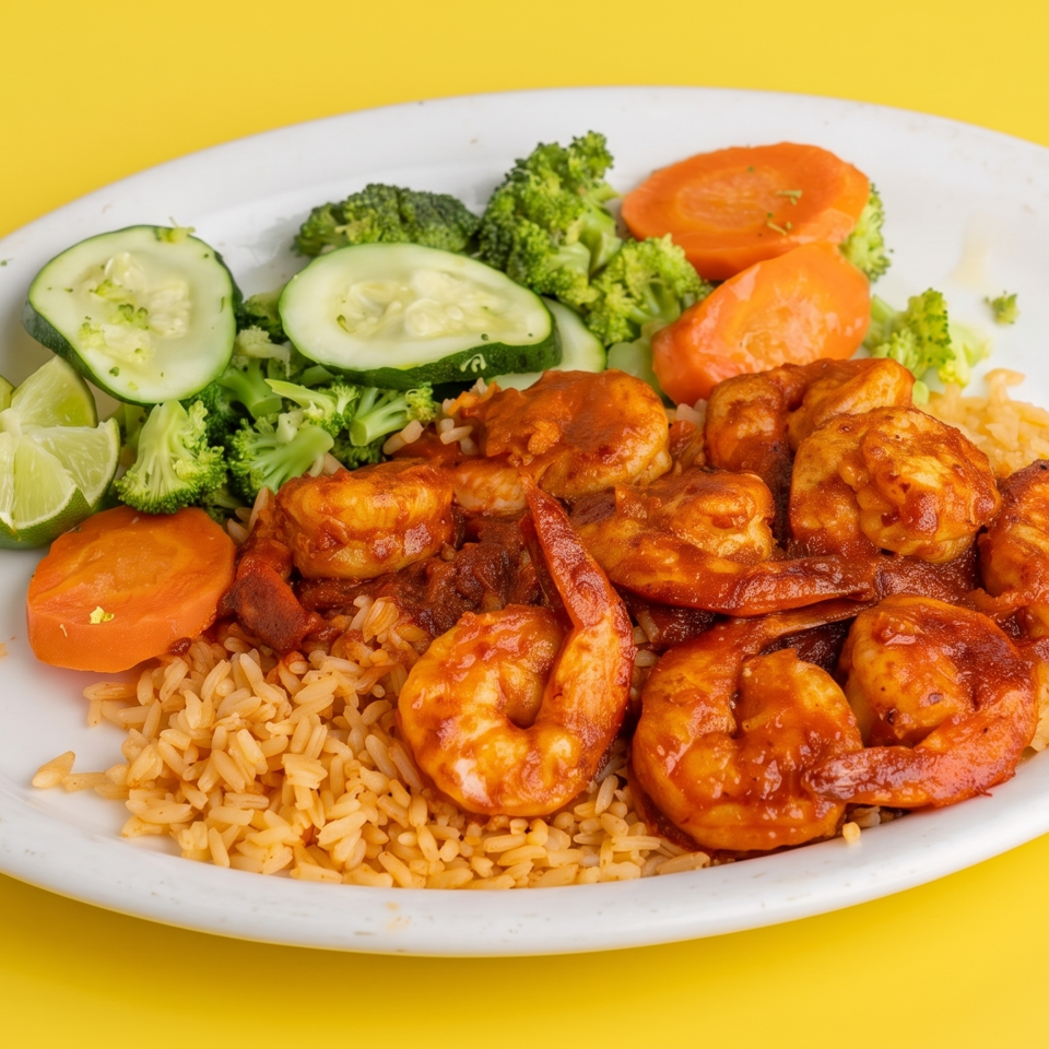 Plate of saucy shrimp over seasoned rice with broccoli, cucumber, tomato, and lime wedges on a yellow background.