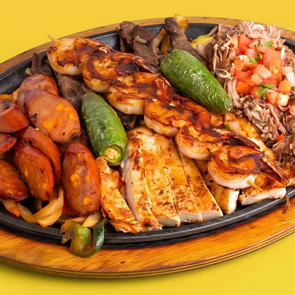 Grilled mixed platter featuring chicken, shrimp, sausage, peppers, mushrooms, and diced vegetables on a wooden serving board.
