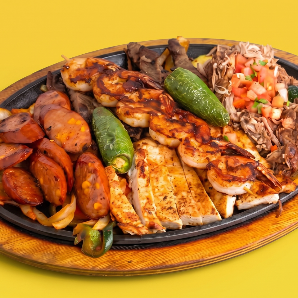 Grilled mixed platter with shrimp, chicken, sausages, peppers, onions, and fresh salsa on a wooden serving board.