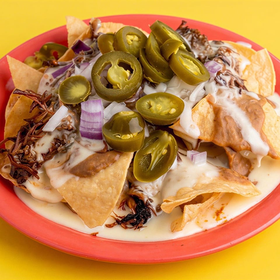 Loaded nachos topped with melted cheese, refried beans, onions, jalapeños, and dark roasted insects on a red plate.