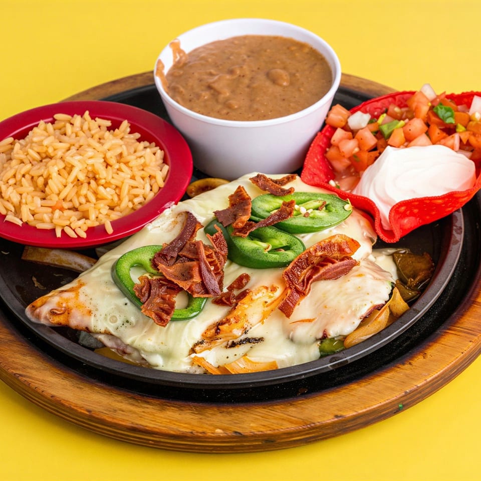 Cheesy grilled chicken topped with jalapeños and bacon, served with Mexican rice, refried beans, pico de gallo, and tortillas.