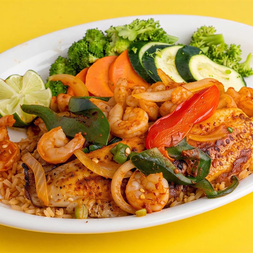 Grilled fish and shrimp with rice, sautéed vegetables, lime, and broccoli served on a white plate against a yellow background.