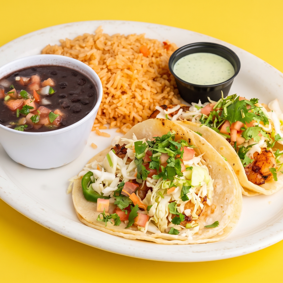 Plate of three tacos topped with cabbage, tomatoes, and cilantro, served with Mexican rice, black beans, and creamy green sauce.