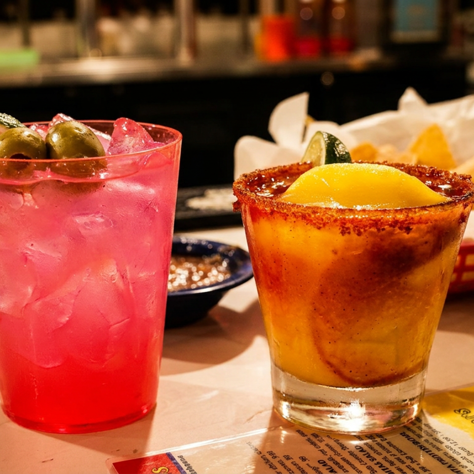 Two colorful cocktails, one garnished with olives and the other with lime and a chili-salt rim, sit beside chips.