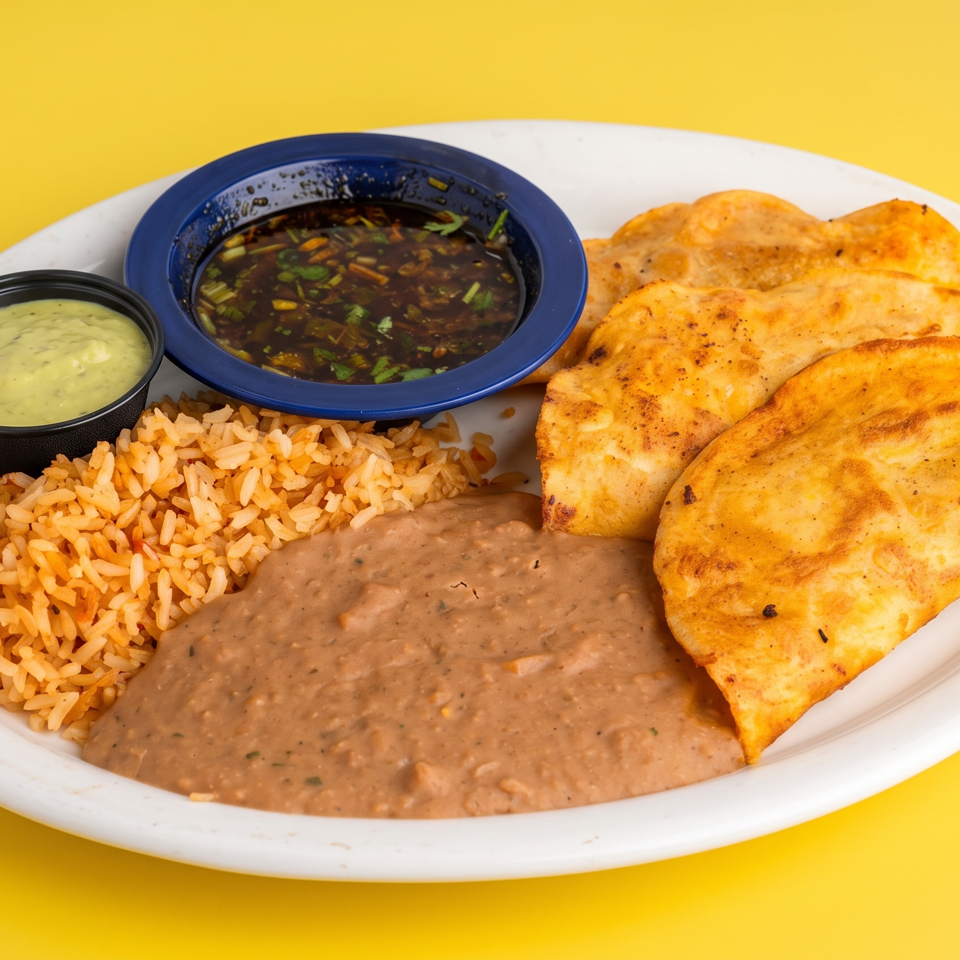 Plate of Mexican food with rice, refried beans, golden quesadillas, guacamole, and salsa on a bright yellow background.